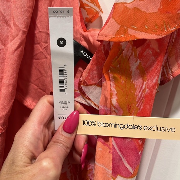 NWT AQUA Pink Botanical Wrap Dress Bloomingdale’s exclusive midi high low - Picture 9 of 11